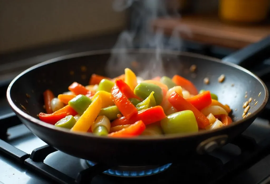 Cooking fajita veggies in a hot skillet