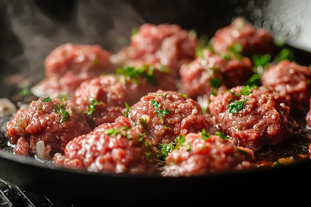 Ground beef in a skillet