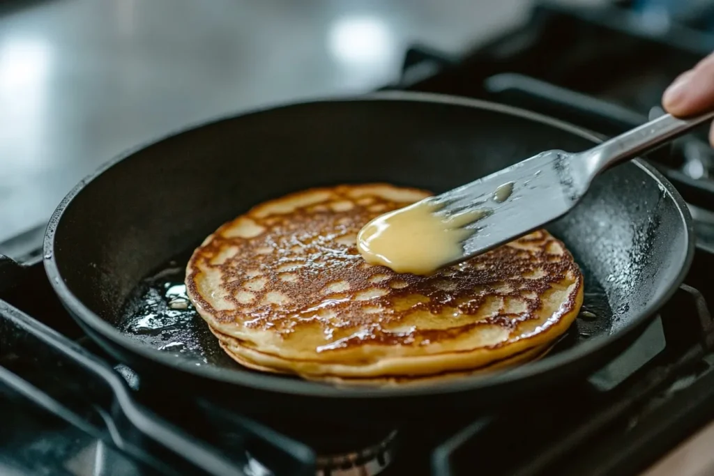 Pancakes being flipped in a non-stick pan with butter