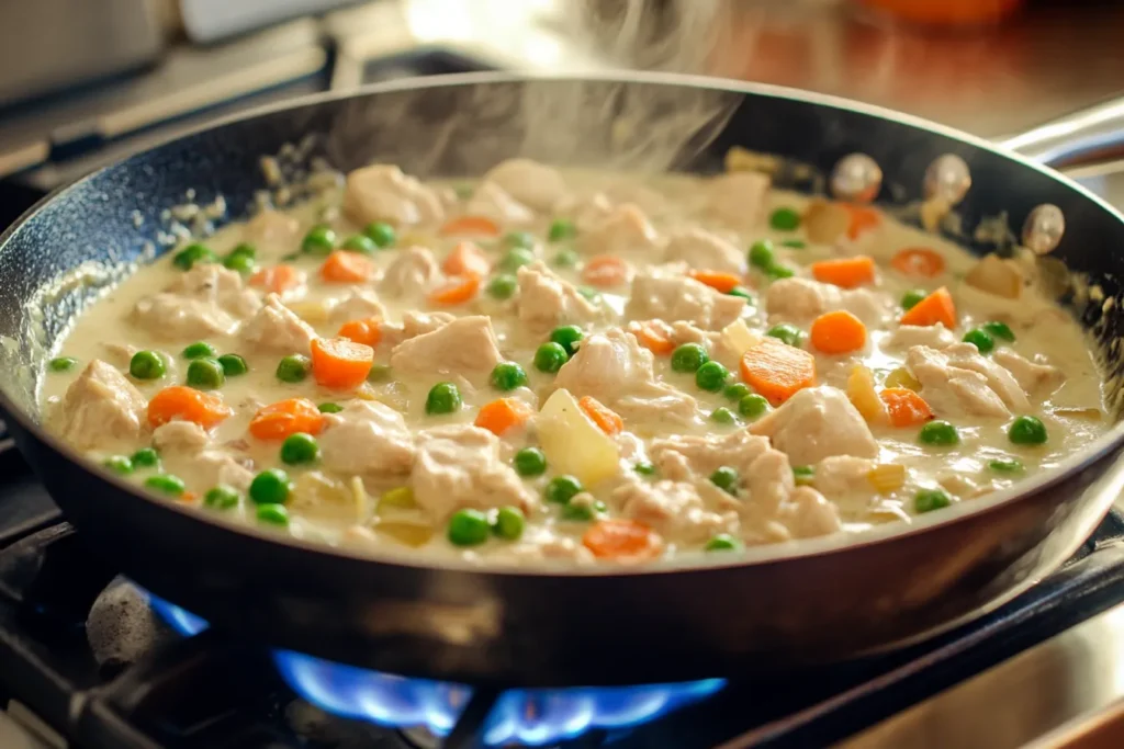 Chicken and vegetables simmering in a creamy sauce