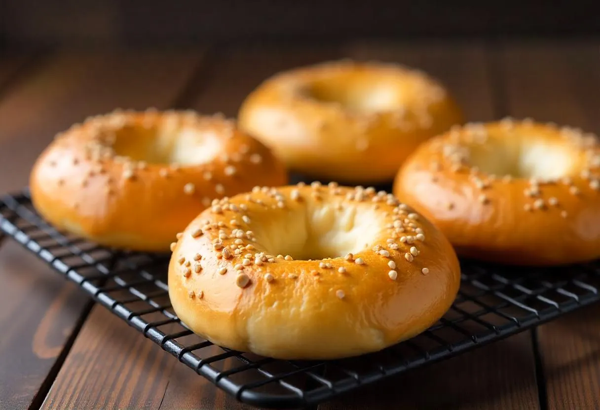 Freshly baked cottage cheese bagels on a cooling rack