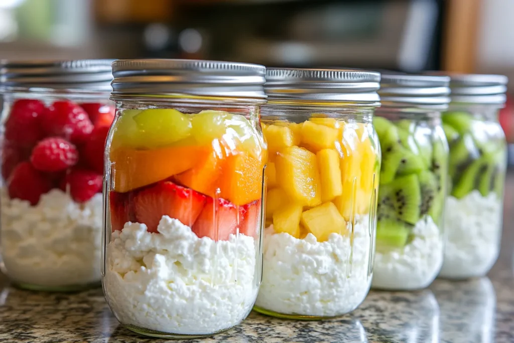 Meal-prepped jars of cottage cheese bowls