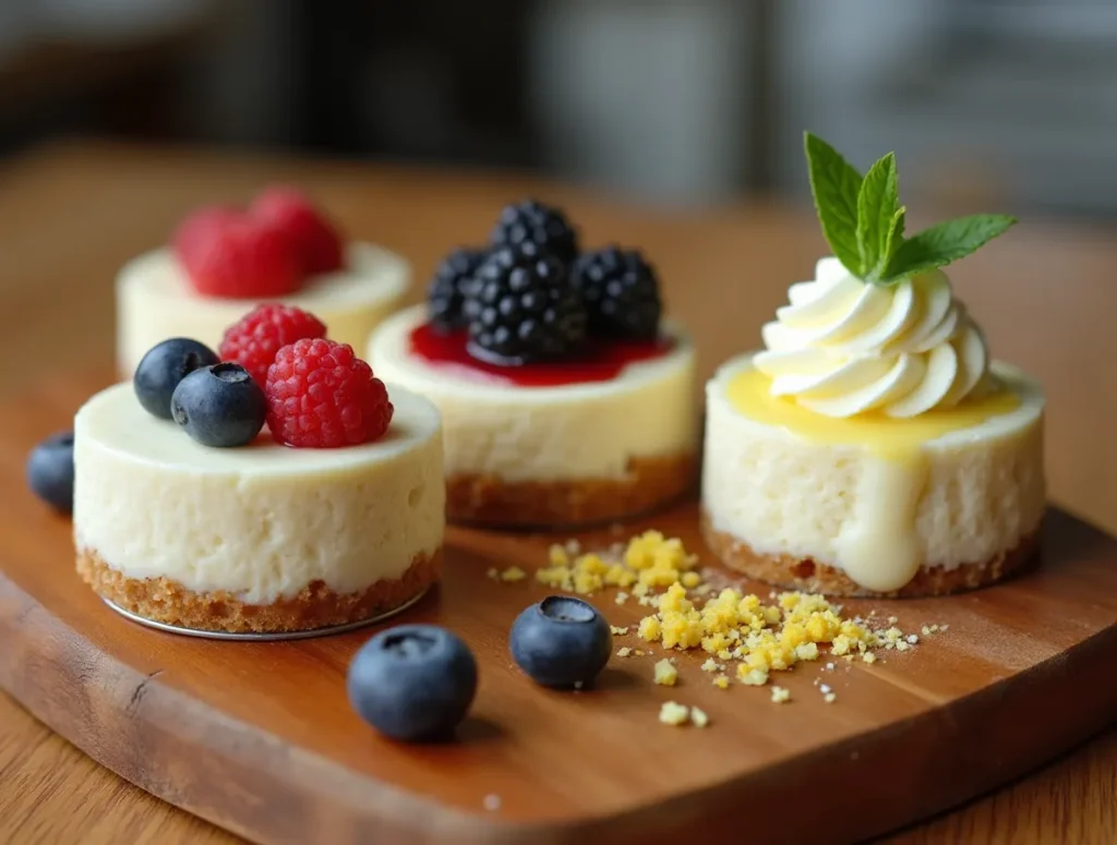 Different versions of cottage cheese cheesecakes on a wooden board