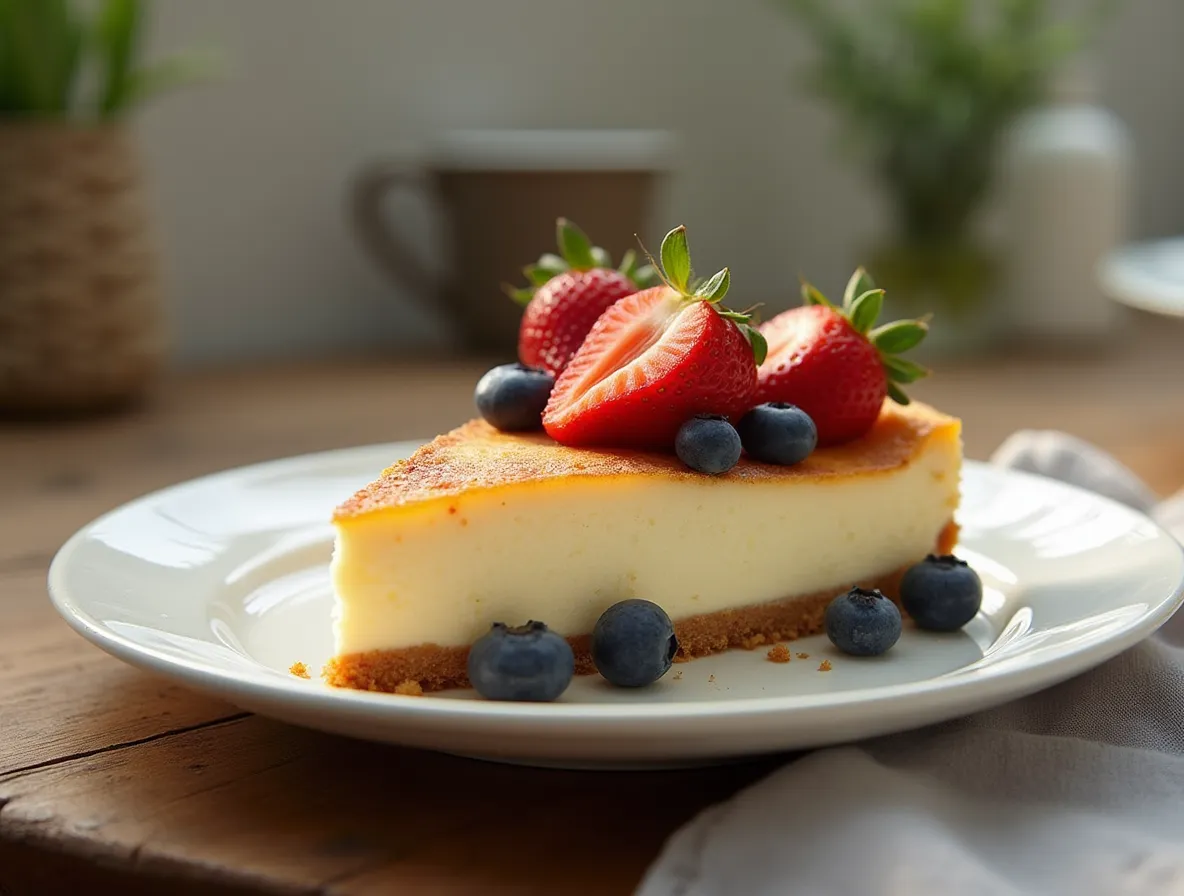 Cottage cheese cheesecake served on a plate with berries