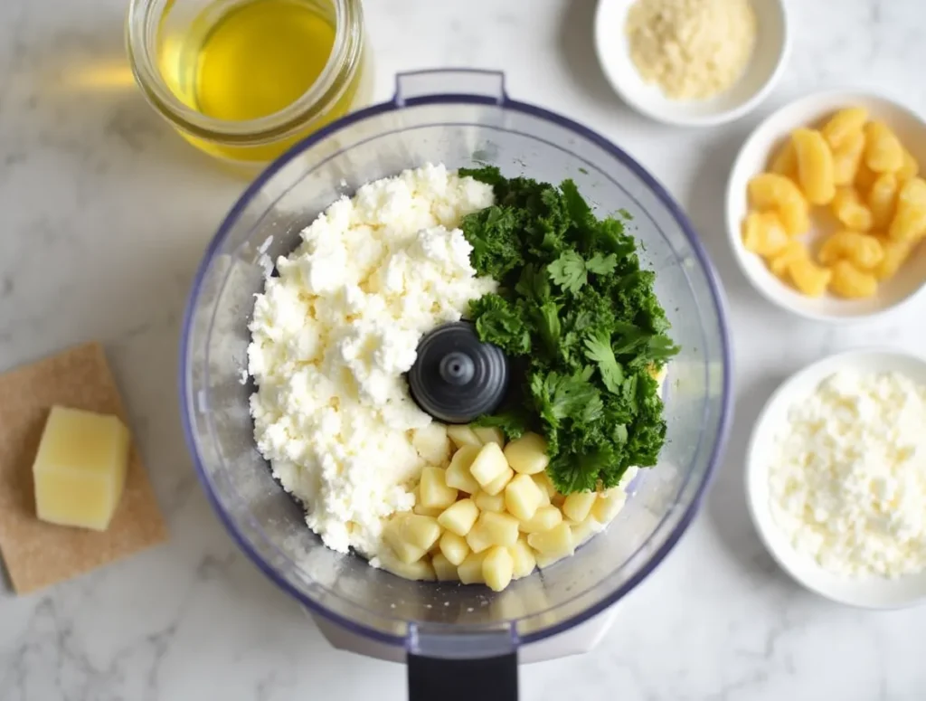 Cottage cheese being spooned into a food processor