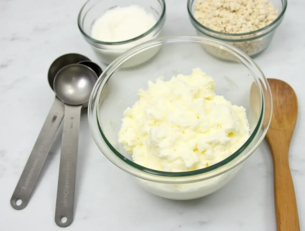 Cottage cheese in a glass bowl surrounded by healthy ingredients