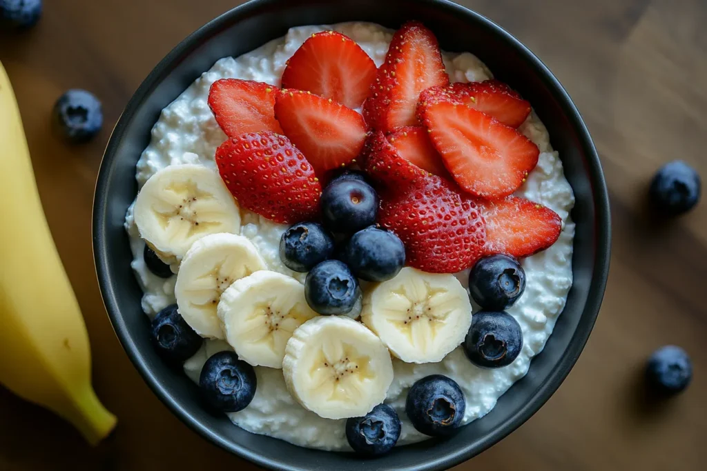 Cottage cheese with mixed fruit in a bowl