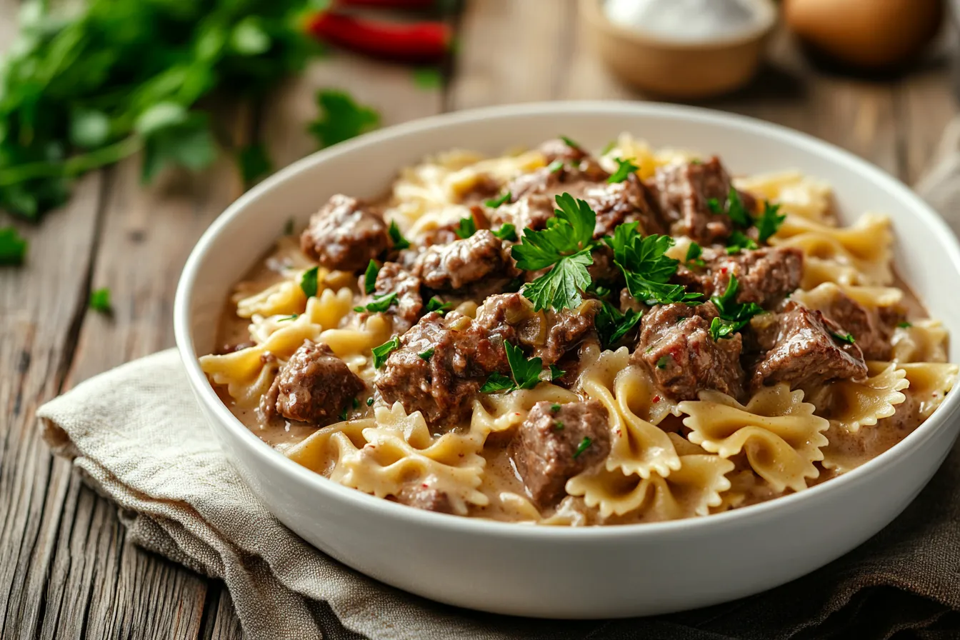 Creamy beef and bowtie pasta served in a white bowl
