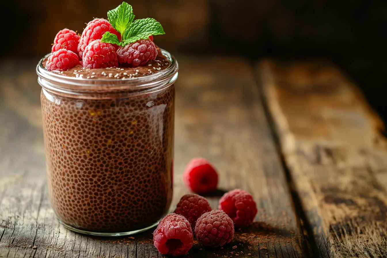 Chocolate chia pudding in a glass jar