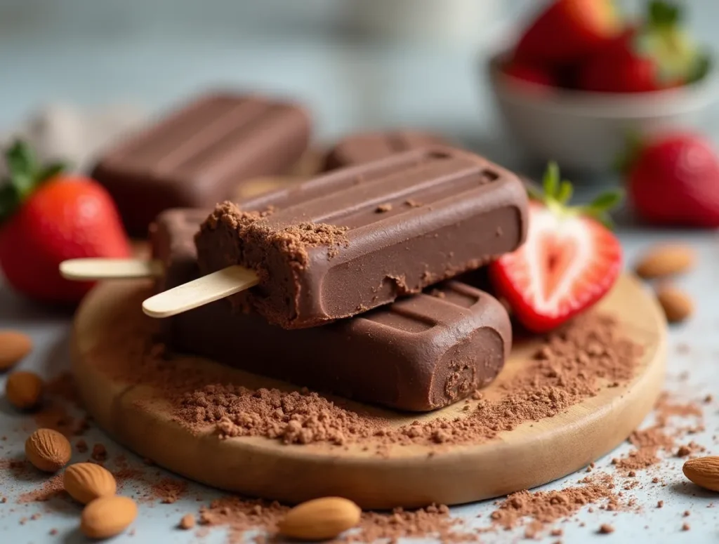 High protein cottage cheese fudgesicles stacked on a white plate