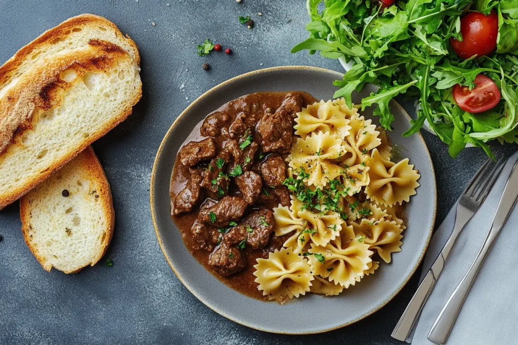 Creamy beef pasta with garlic bread and salad