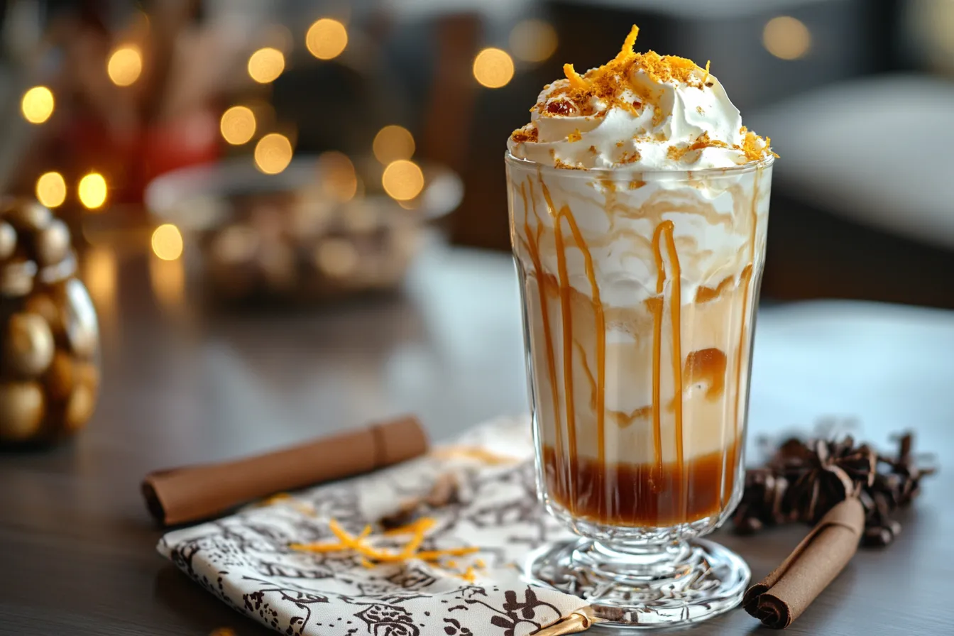 Iced chai latte with orange peel and whipped cream