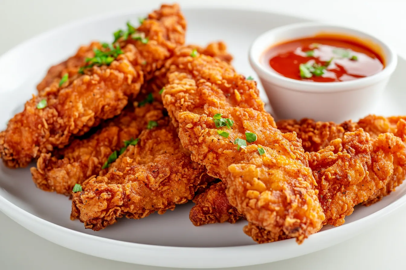 Crispy spicy chicken tenders on a plate with sauce