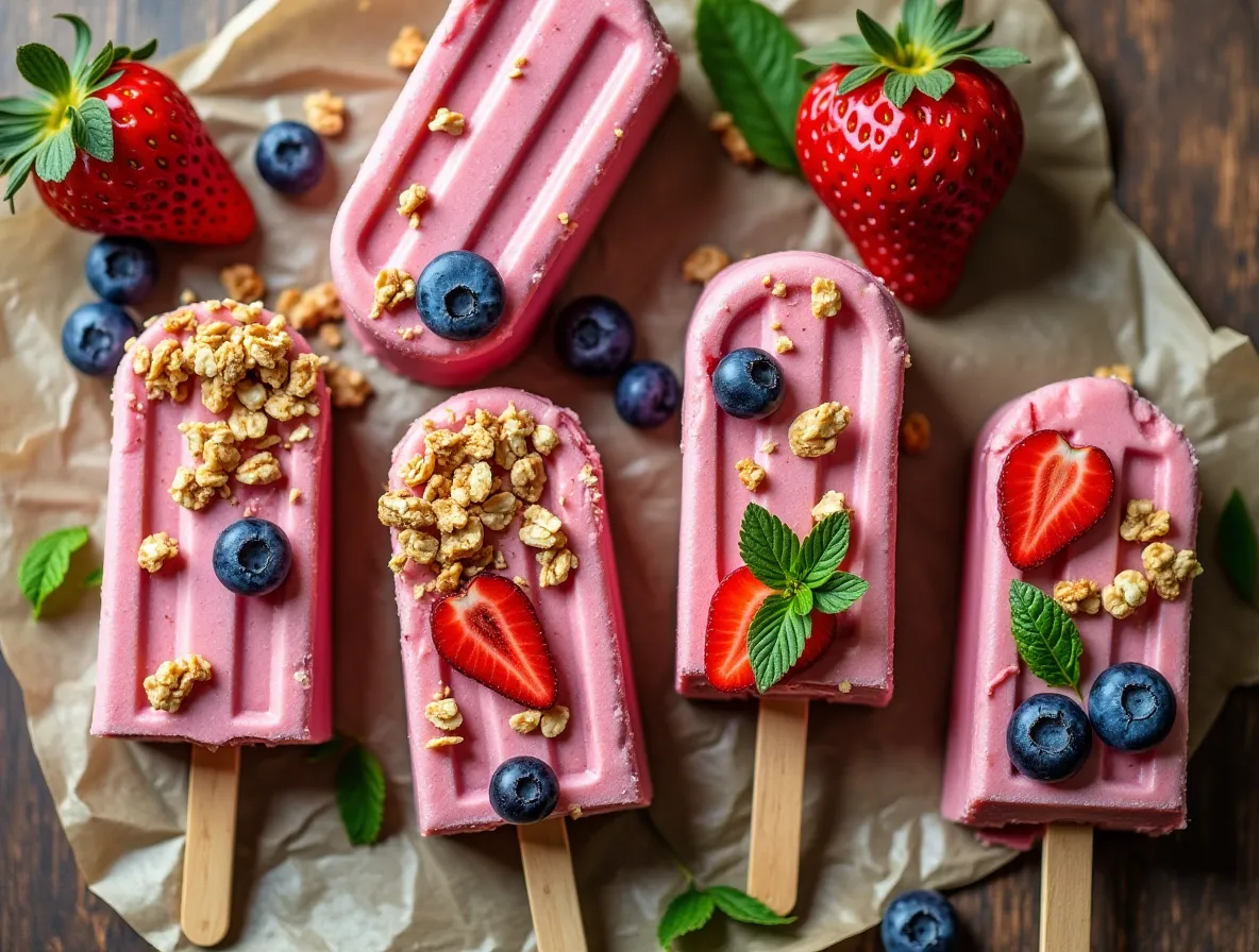 Homemade frozen yogurt bars with berries and granola
