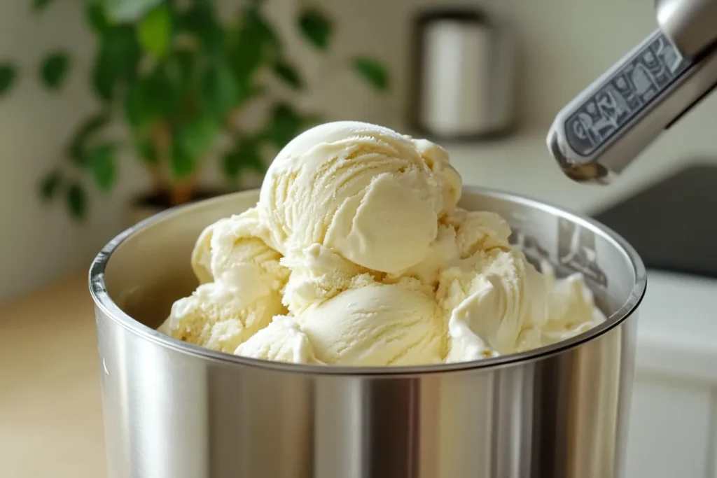 Homemade dairy free vanilla ice cream churning in machine