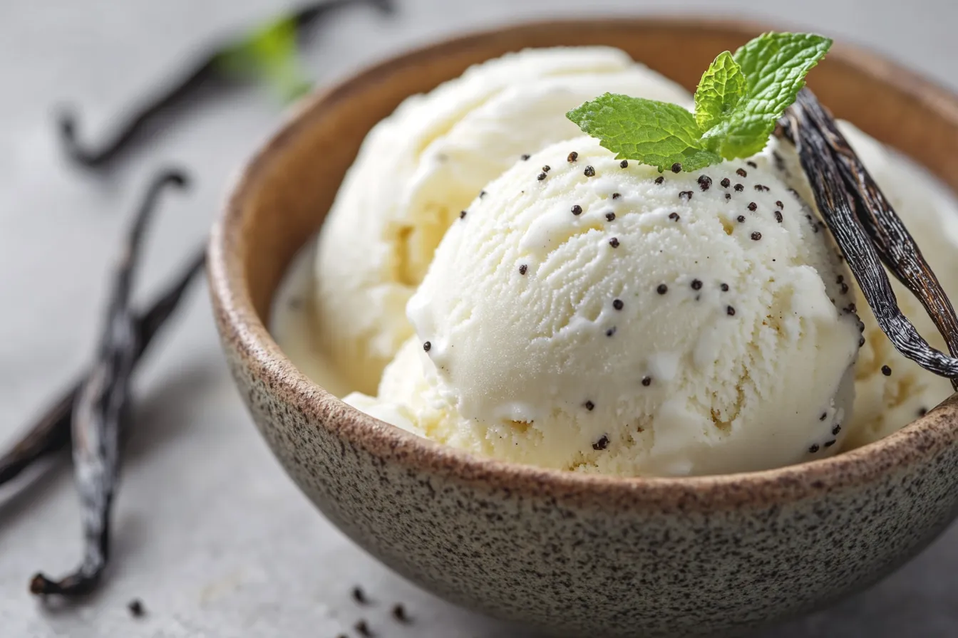 Dairy free vanilla ice cream in a bowl with fresh vanilla pods
