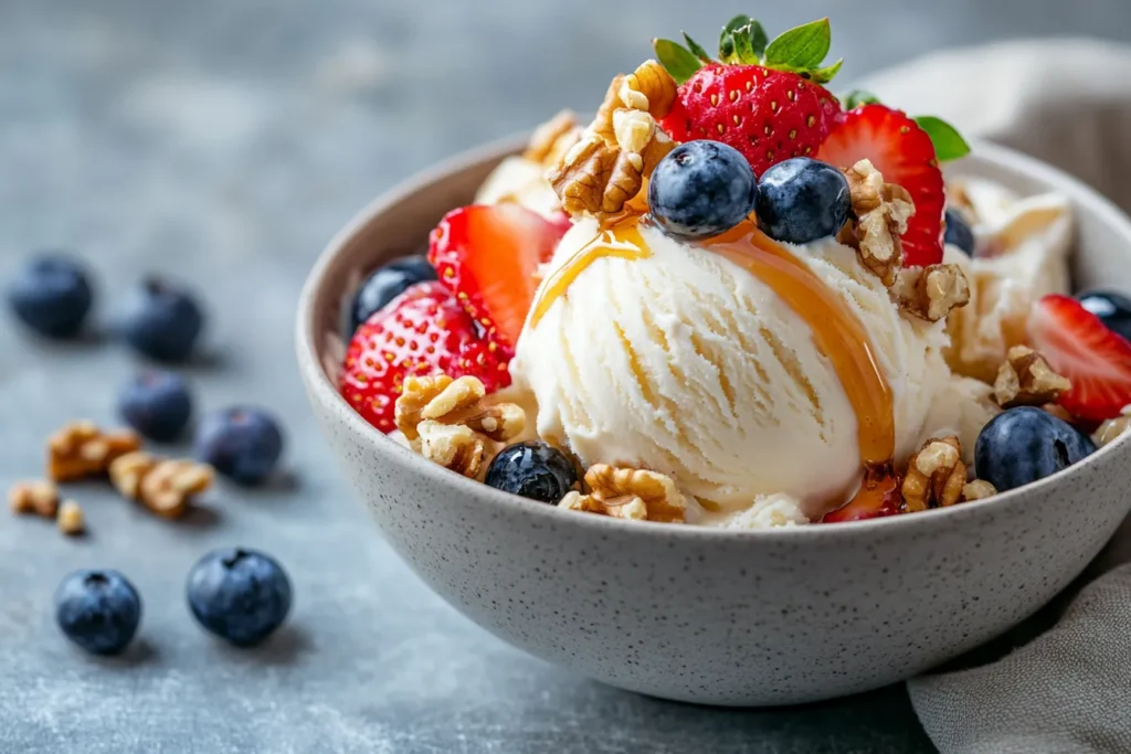 Dairy free vanilla ice cream with toppings