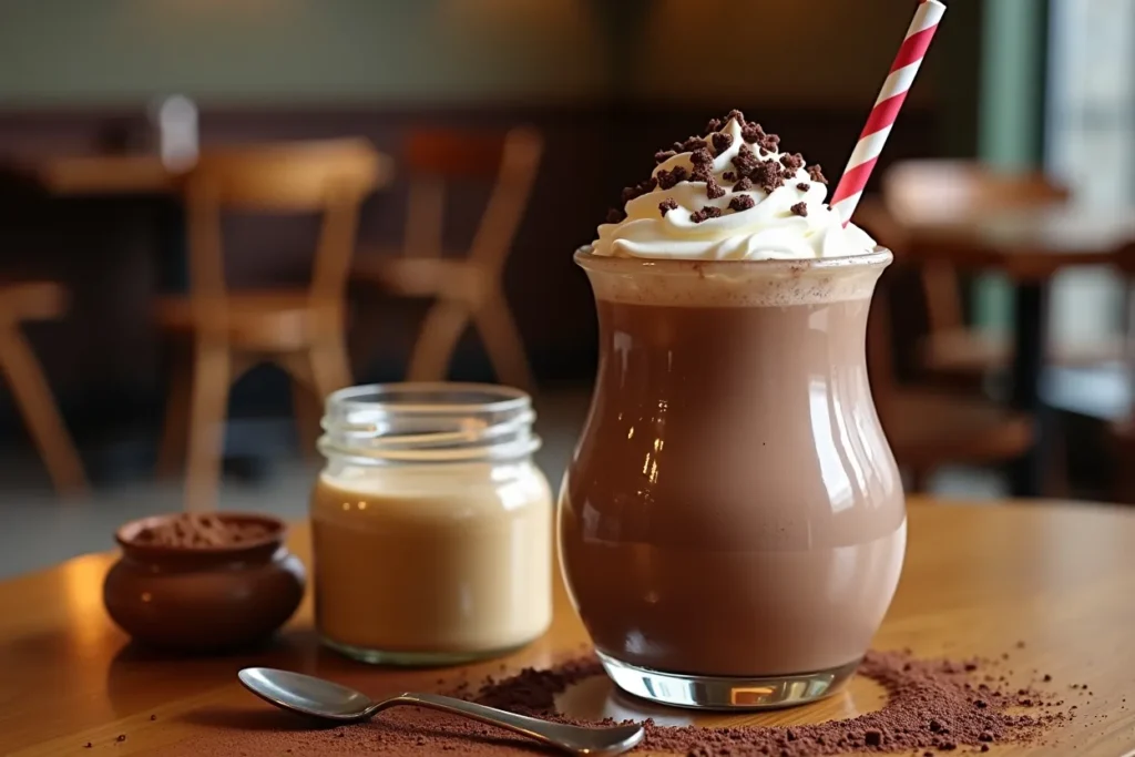 A rich chocolate kratom shake in a glass with whipped cream topping