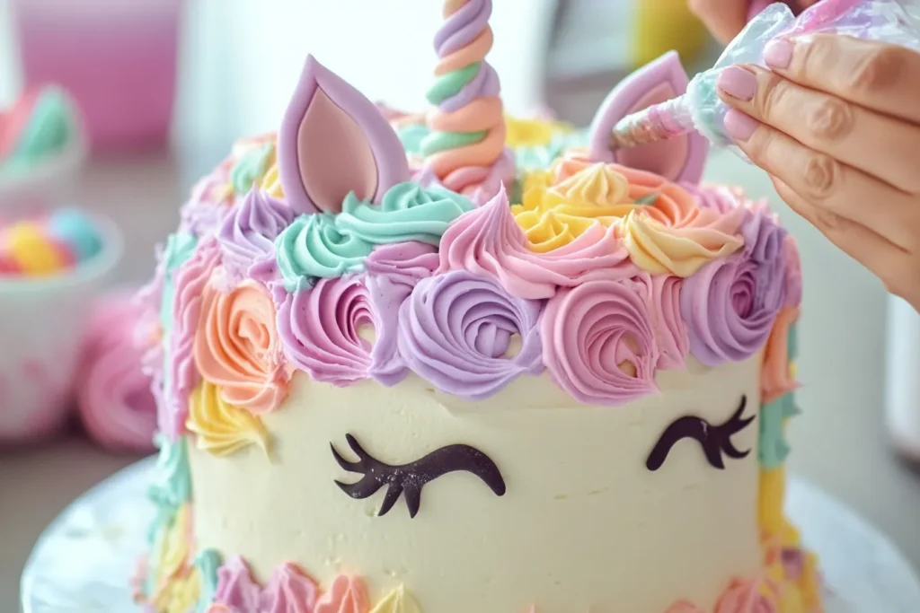 "Decorating unicorn cake with colorful buttercream swirls"