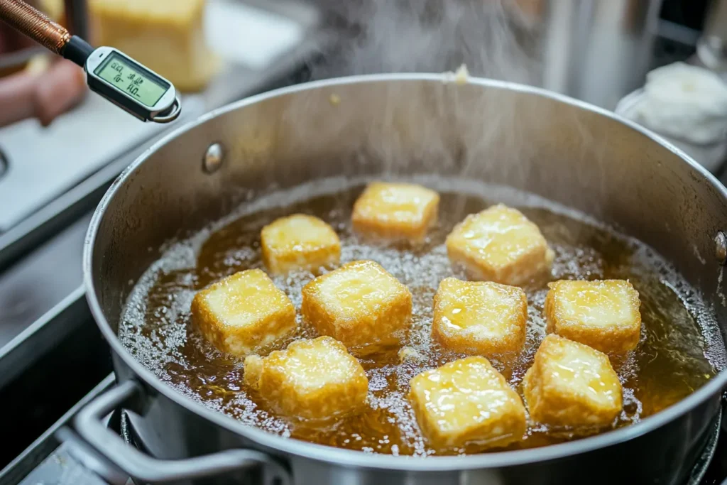Frying tempura cheesecake in a pan