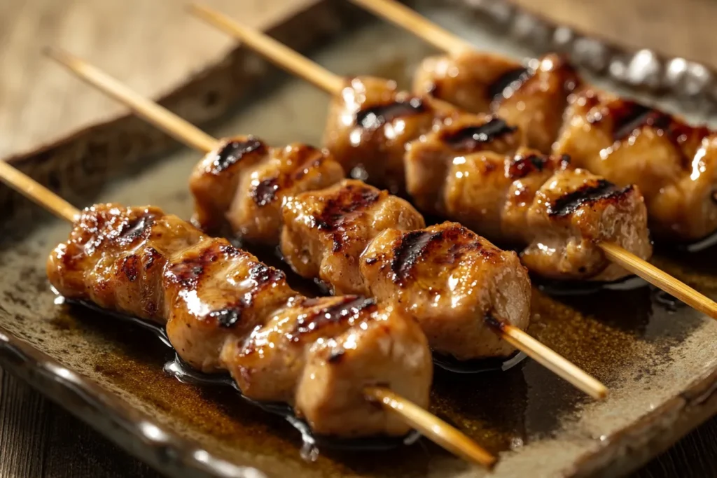 Grilled yakitori skewers on a plate