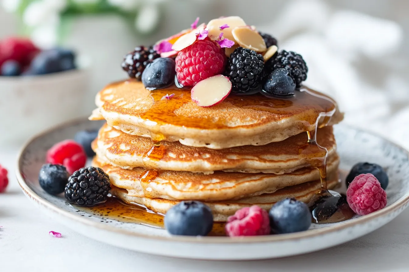 Keto pancakes with berries, nuts, and syrup toppings