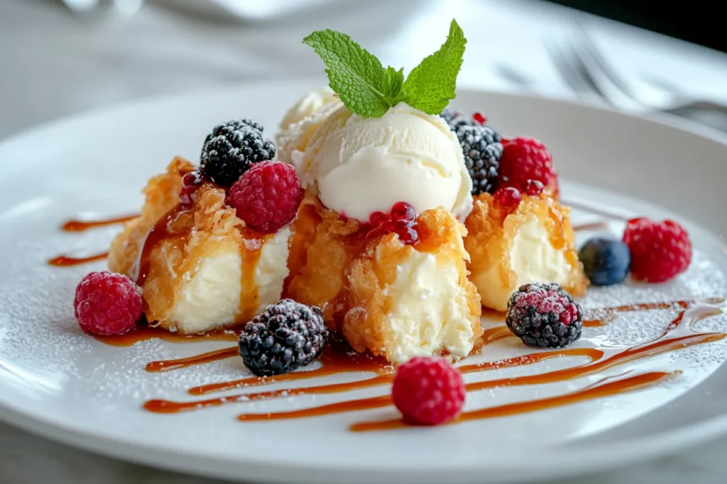 Tempura cheesecake served with sauces and ice cream