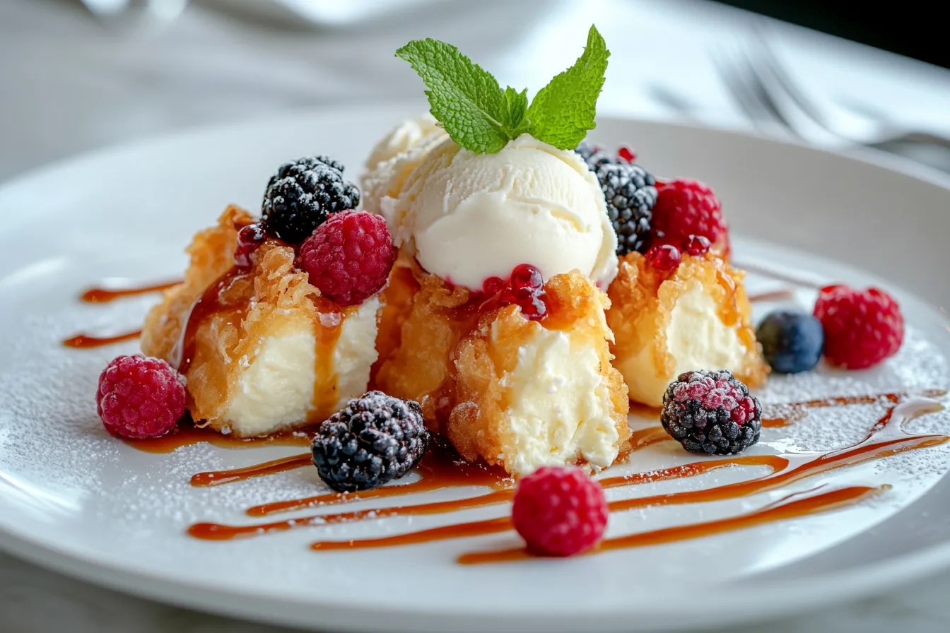 Tempura cheesecake served with sauces and ice cream