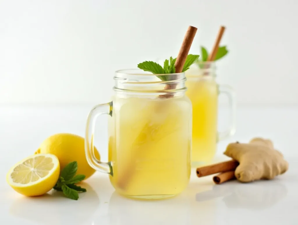Mason jar of lemon ginger drink with added mint and cinnamon