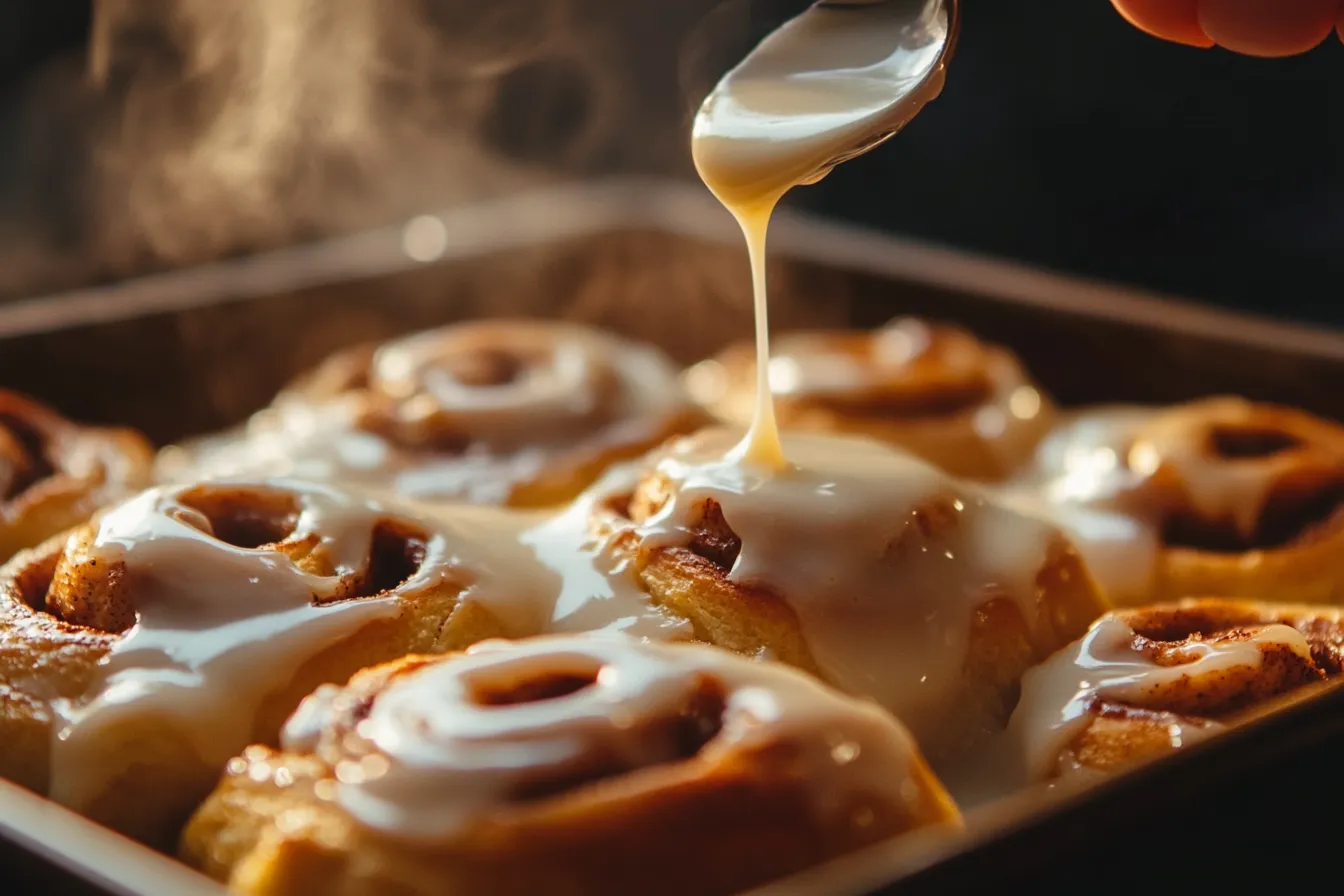 Pouring icing over warm rolls