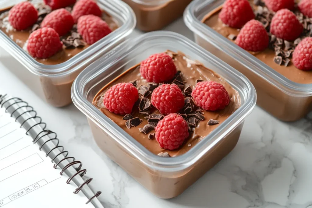 meal prep containers with mousse and fruits