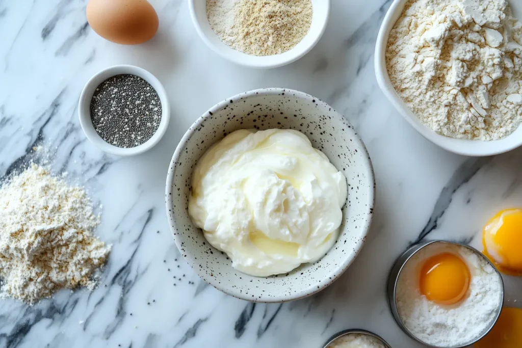 Ingredients for protein bagels laid out on a kitchen counter