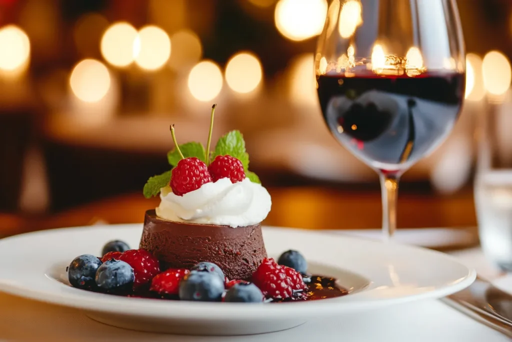 “Chocolate mousse served with fruit and wine”