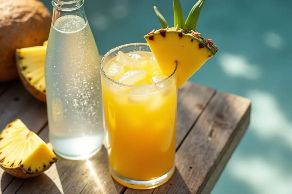 A bright yellow tropical kratom smoothie with pineapple and mango slices