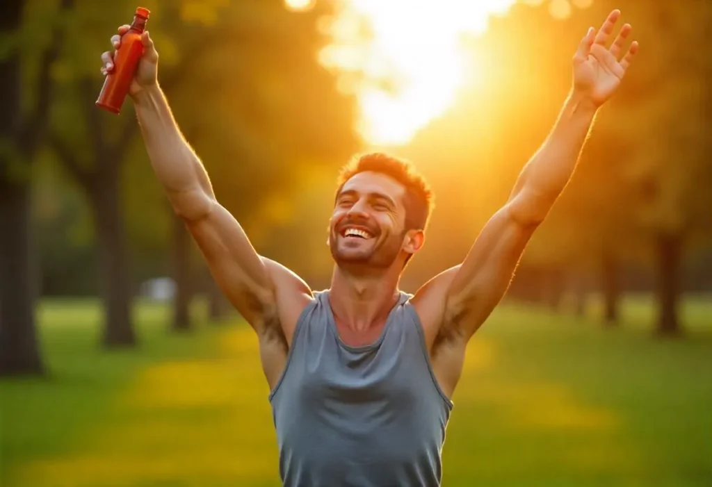 Smiling person feeling energized after taking a kratom shot