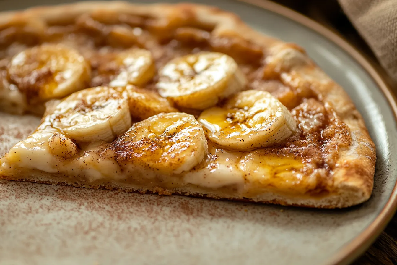 Slice of banana cinnamon pizza on a plate