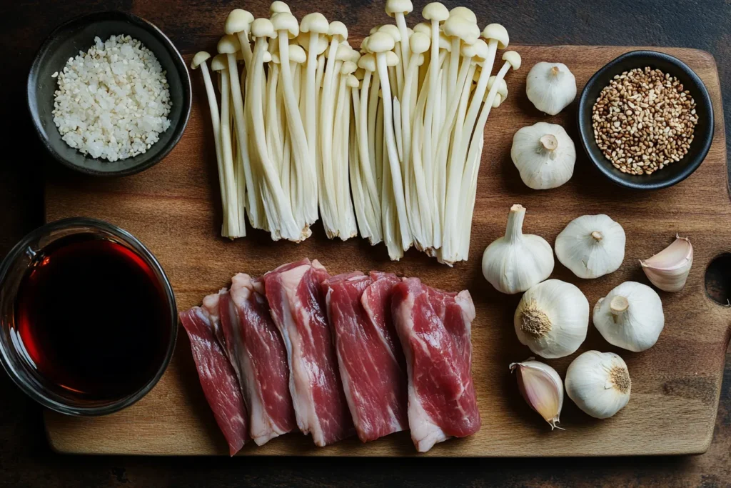 Fresh enoki mushrooms and thin-sliced beef arranged on a cutting board