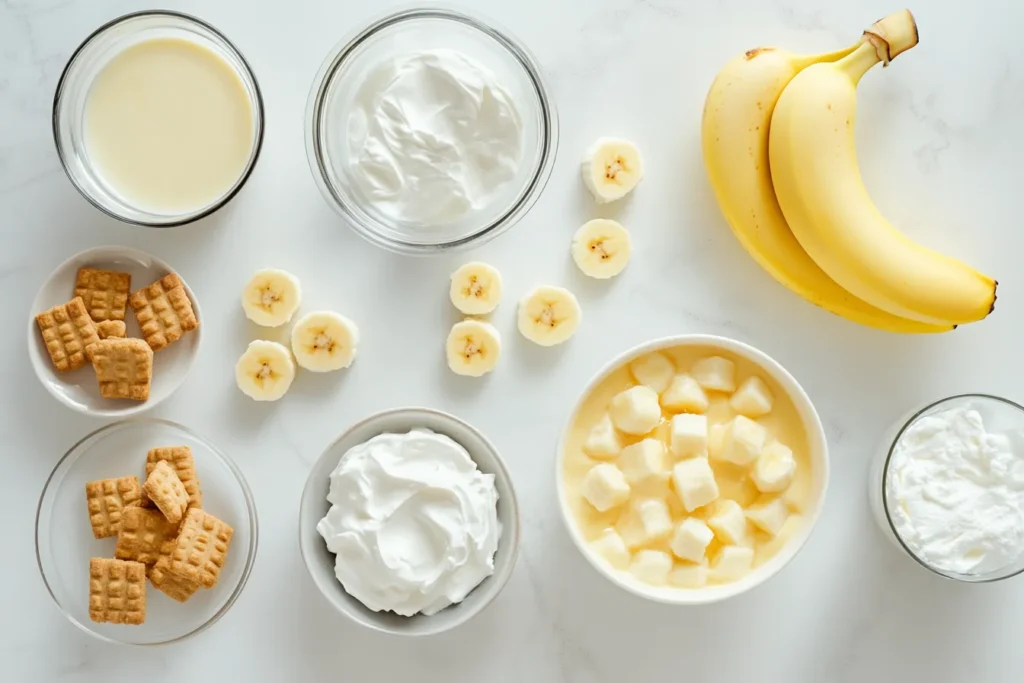 Ingredients for banana pudding arranged on a kitchen counter