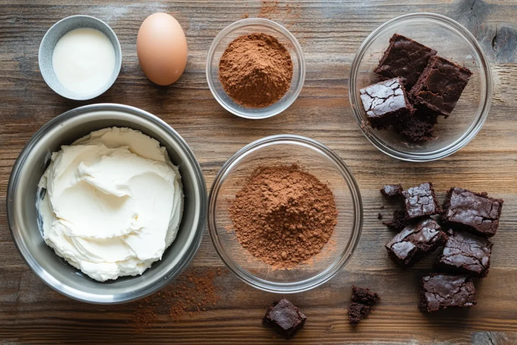 Ingredients laid out for a no-bake brownie cake