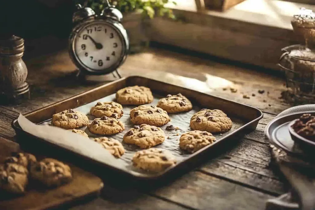 Freshly baked cookies on a tray with notes beside them