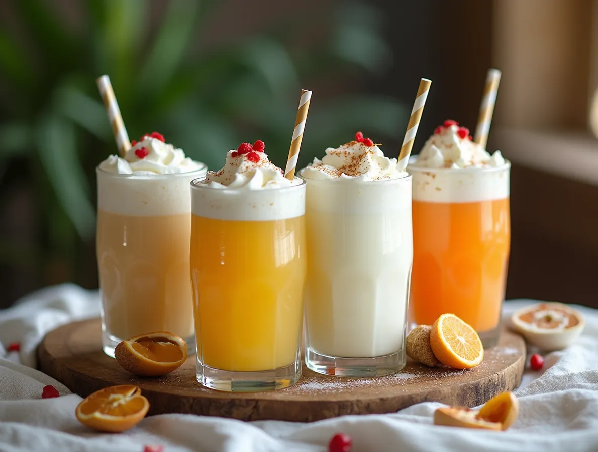 Selection of cold yogurt drinks on a table