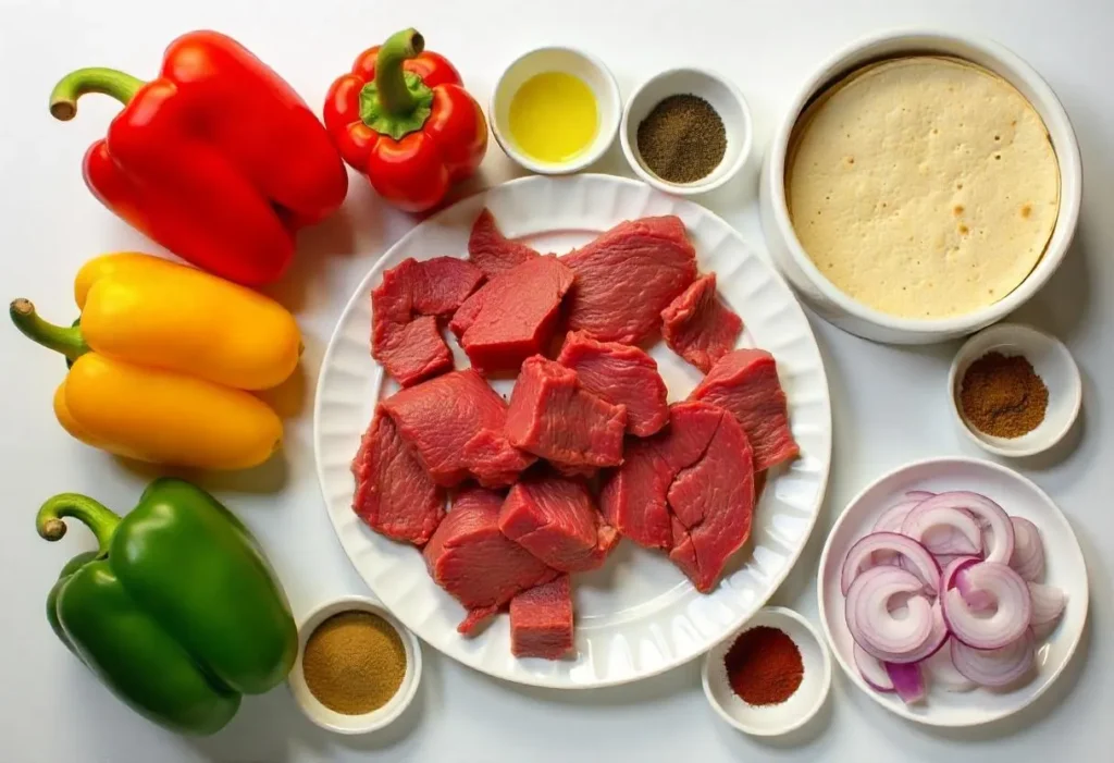 Ingredients for making fajita tacos laid out on a kitchen counter