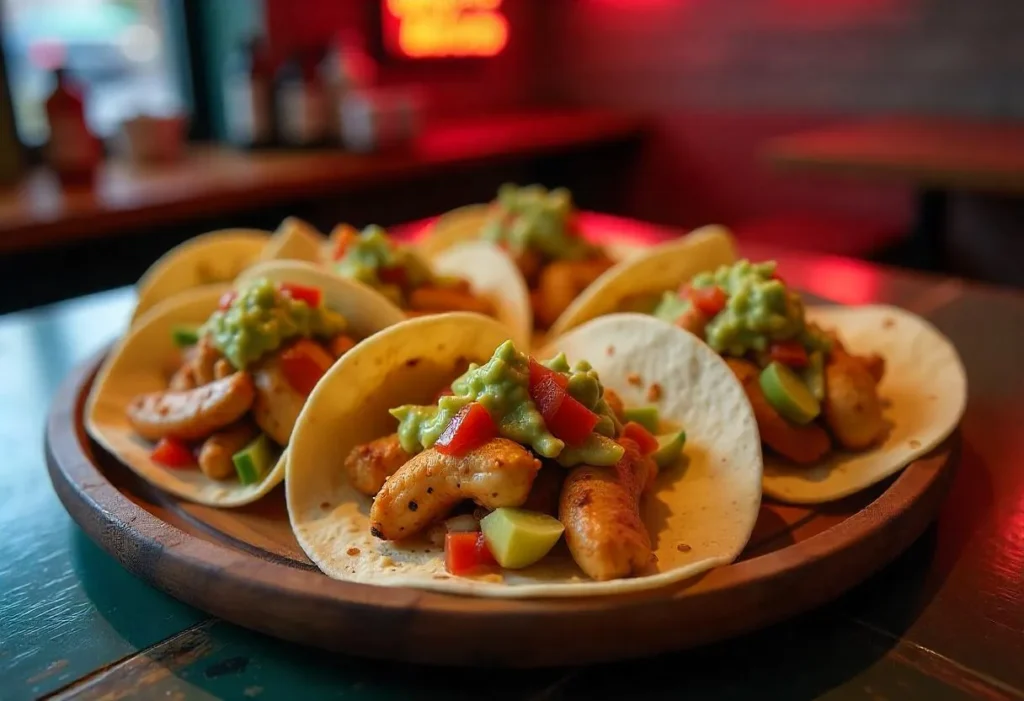 Different types of fajita tacos on a serving platter