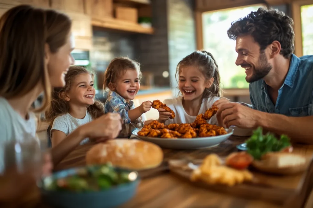 Enjoying spicy chicken tenders with family