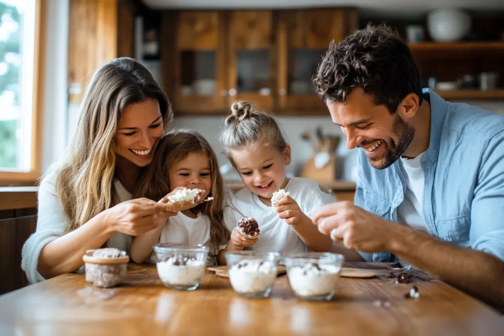 Happy family enjoying pudding