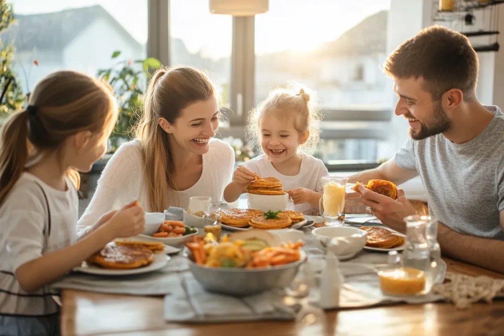 Happy family enjoying breakfast with carrot pancakes