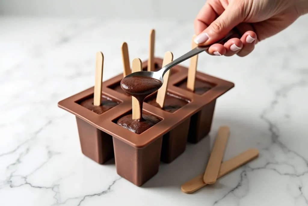 Pouring fudgesicle mixture into silicone popsicle molds