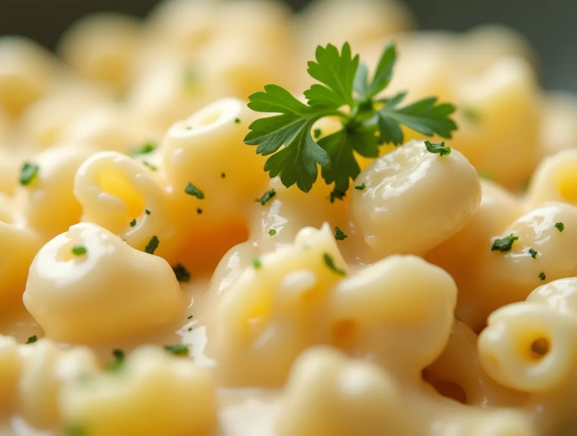 Close-up of creamy cottage cheese pasta with parsley garnish