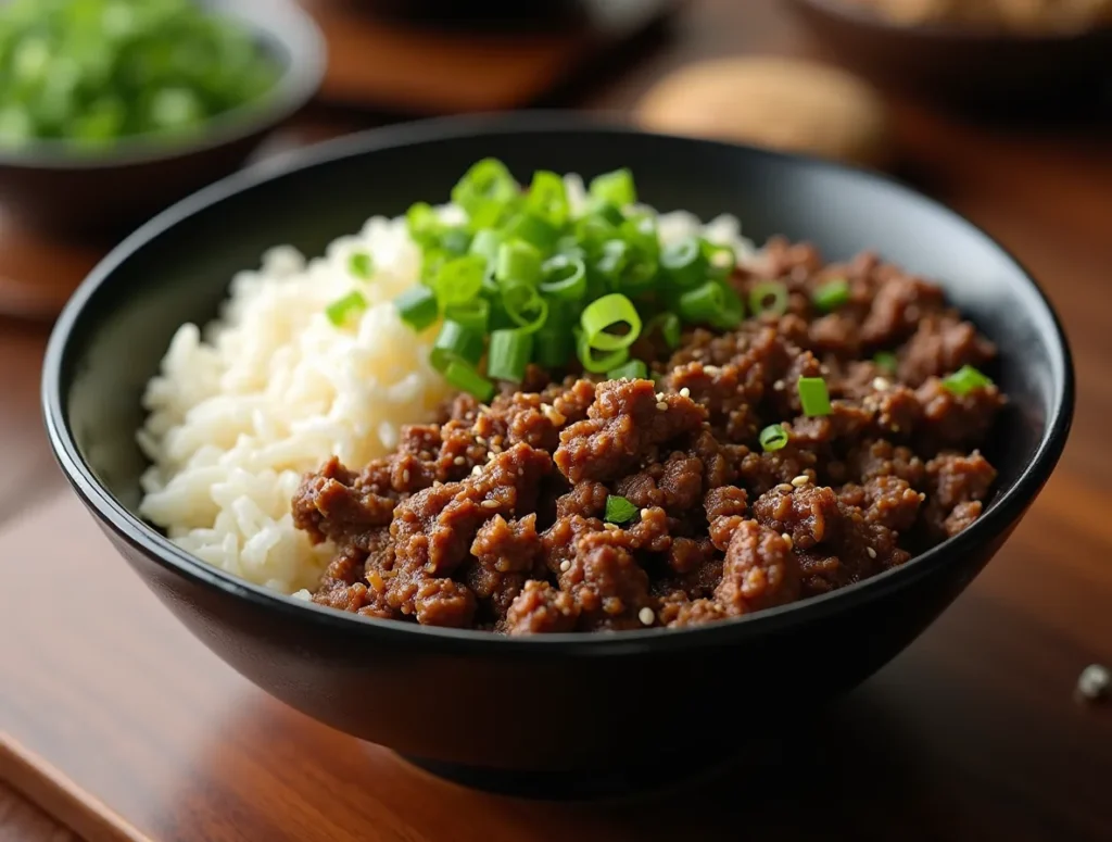 “Korean ground beef rice bowl with green onions and sesame seeds”