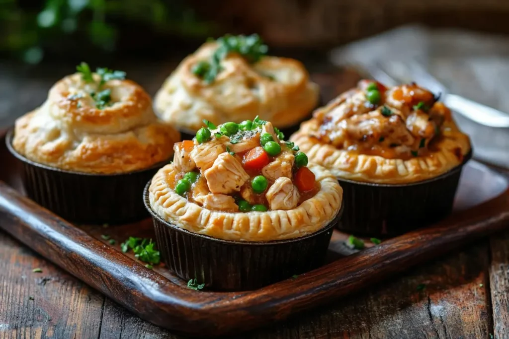 Mini chicken pot pies with different toppings